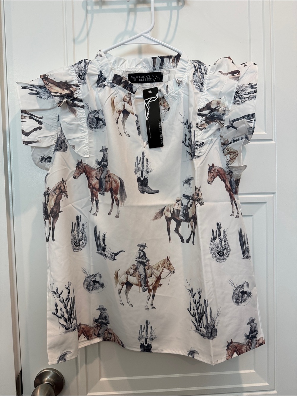 Lucky & Blessed White Cowboy Horse Print Ruffle Sleeve Blouse